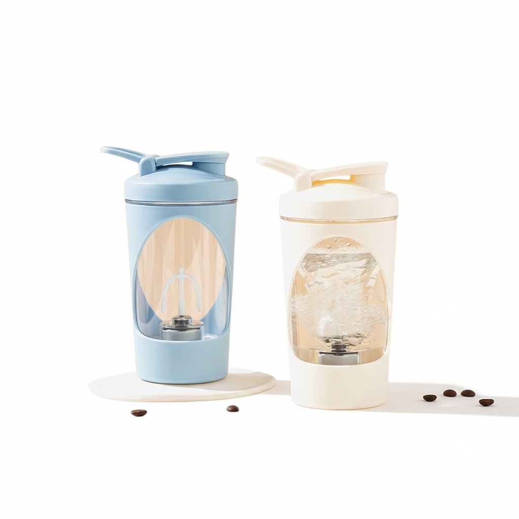 Electric mixing cup with detachable lid and base displayed