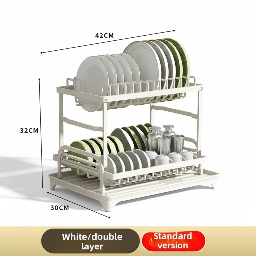 Double-Layer Self-Draining Dish Rack – Carbon Steel Countertop Kitchen Drying Rack