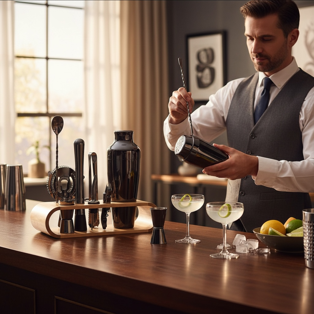 Stainless Steel Cocktail Shaker Set with Wooden Frame