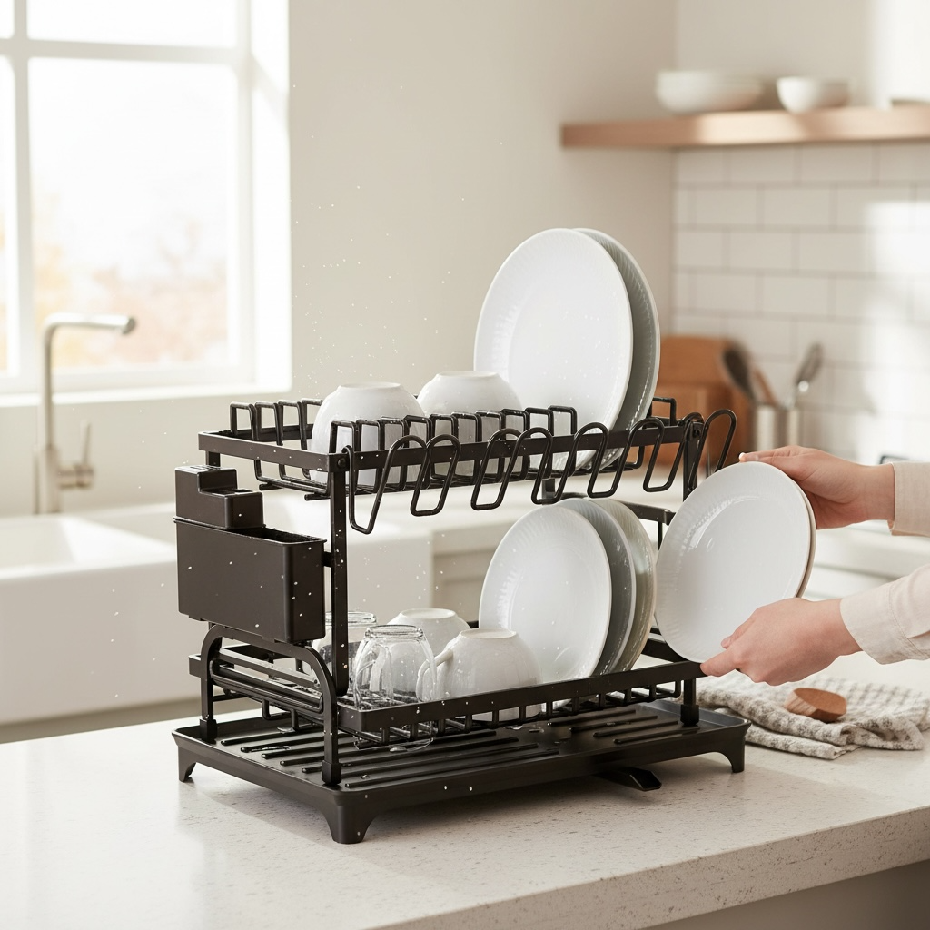 Double-Layer Self-Draining Dish Rack – Carbon Steel Countertop Kitchen Drying Rack