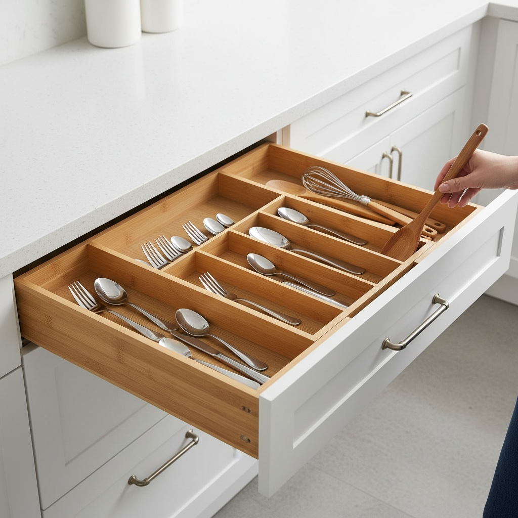 Expandable Bamboo Cutlery Drawer Organizer | Adjustable Utensil Tray 8 Compartments