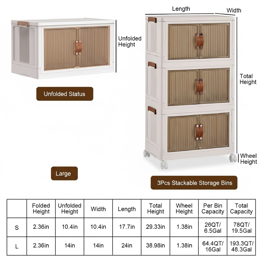 3-Piece Foldable Storage Bin Set with Wheels – Stackable Closet Organizer Boxes