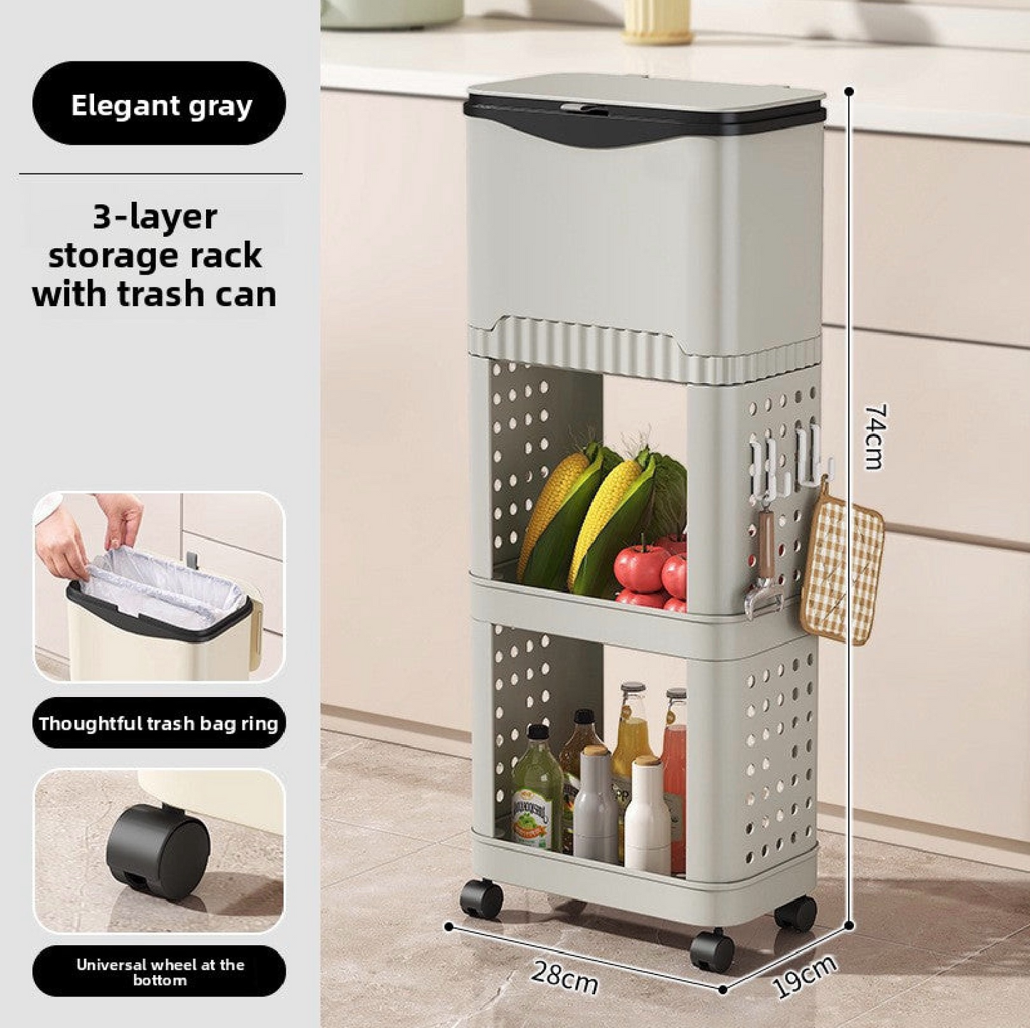 12L Multi-Layer Kitchen Trash Can – Push-Open Square Bin with Wheels
