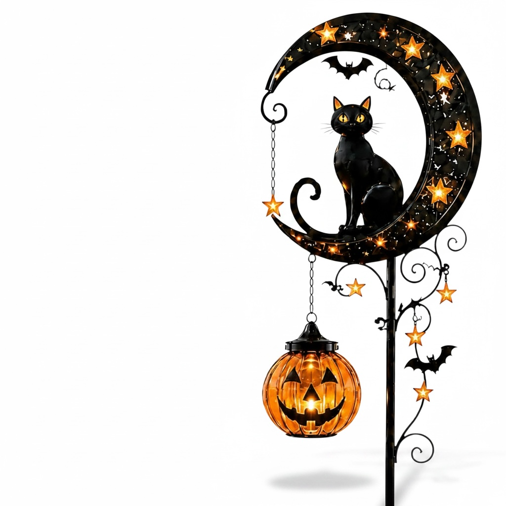 Halloween Metal Ground Lamp – Spooky Black Cat, Pumpkin & Ghost Outdoor Decor Light