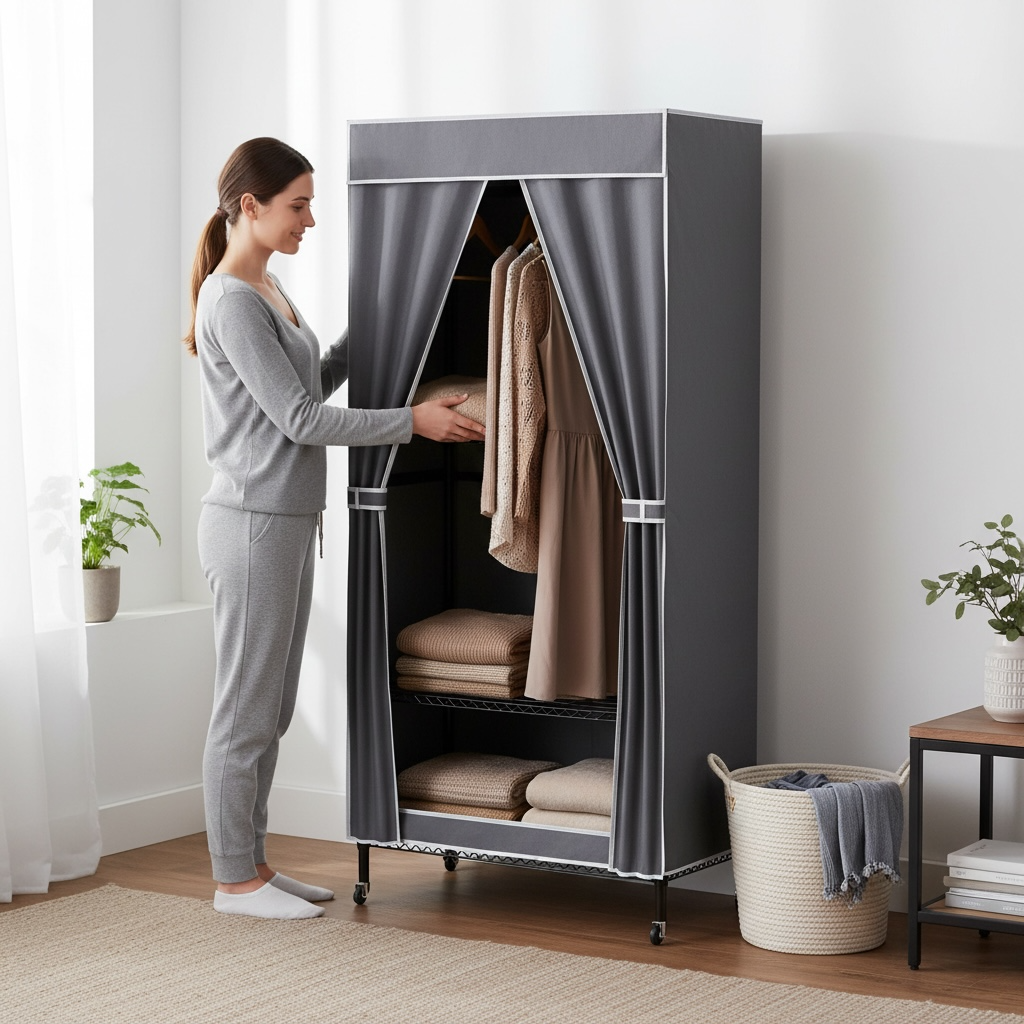 2-Tier Covered Wardrobe Rack with Wheels – Heavy-Duty Portable Clothes Closet Organizer