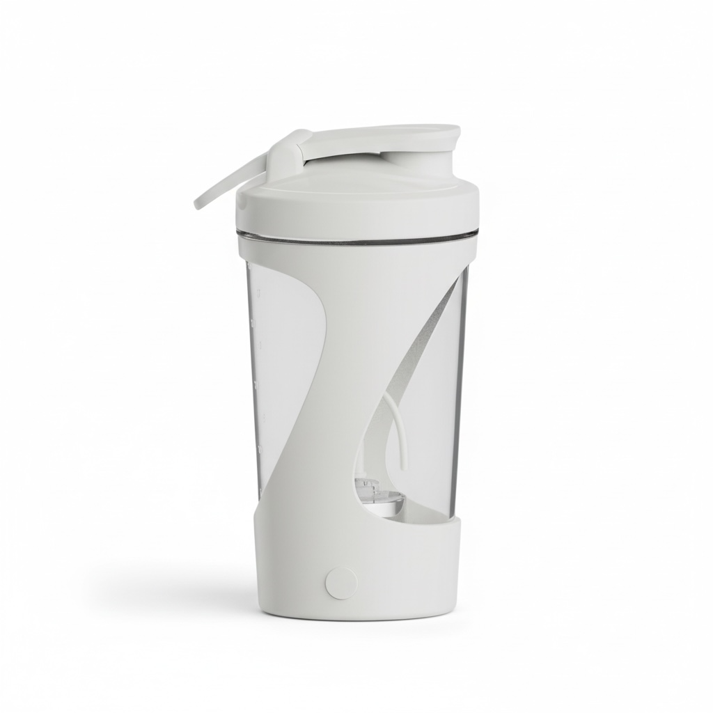 Person holding electric mixing cup filled with beverage