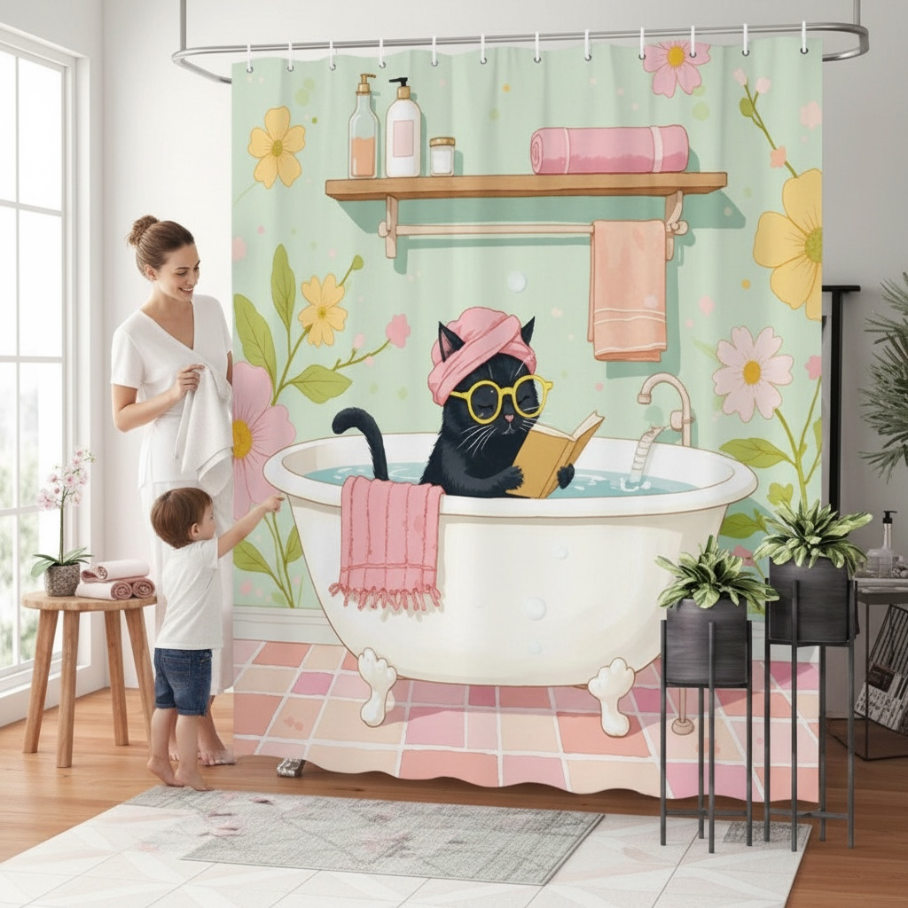 Cute Cat & Floral Shower Curtain