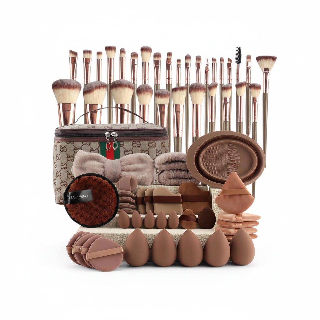 67-Piece Professional Makeup Brush & Puff Set – 30 Brushes, 37 Sponges with Cosmetic Bag & Brush Roll