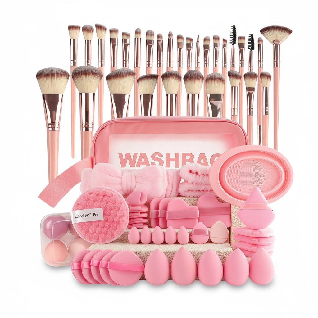 67-Piece Professional Makeup Brush & Puff Set – 30 Brushes, 37 Sponges with Cosmetic Bag & Brush Roll