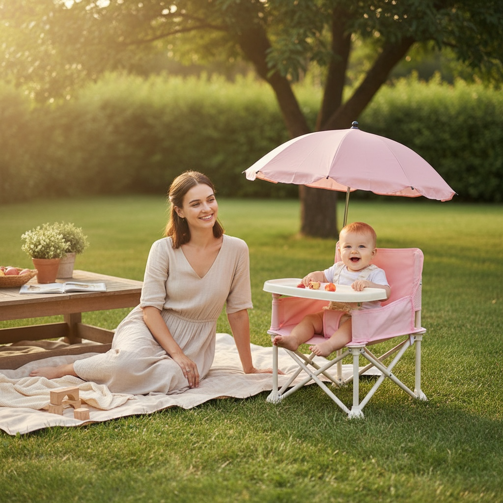 Portable Baby Beach & Dining Chair with Umbrella | Foldable Metal Kids Chair