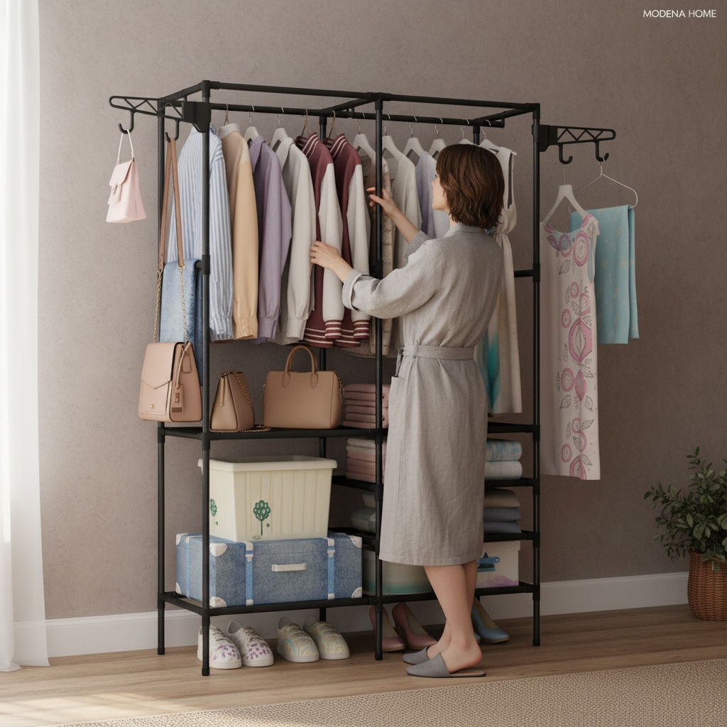 Heavy-Duty Freestanding Garment Rack with Shelves – Double Hanging Rod Closet Organizer (Black/White)