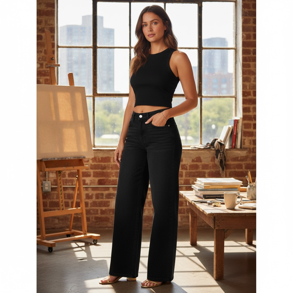 Butt-Lift Stretch Wide-Leg Jeans – Mid-Low Rise Elastic Denim