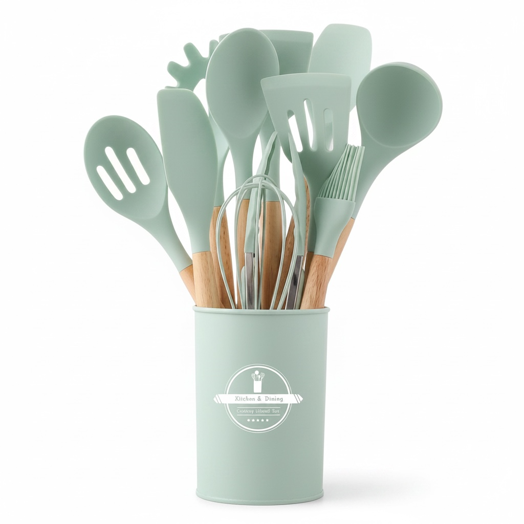 12-Piece Silicone Kitchen Utensil Set with Wooden Handles – Heat-Resistant Non-Stick Cooking Tools