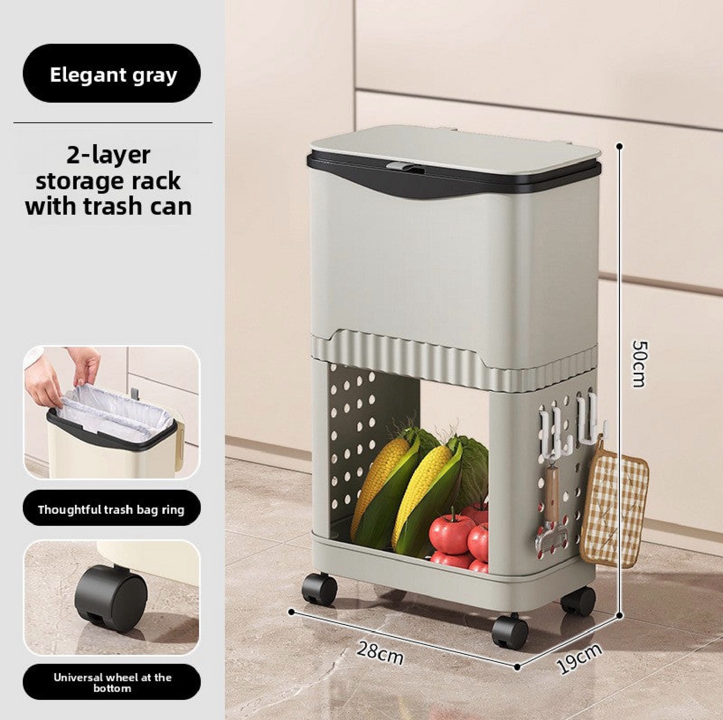 12L Multi-Layer Kitchen Trash Can – Push-Open Square Bin with Wheels