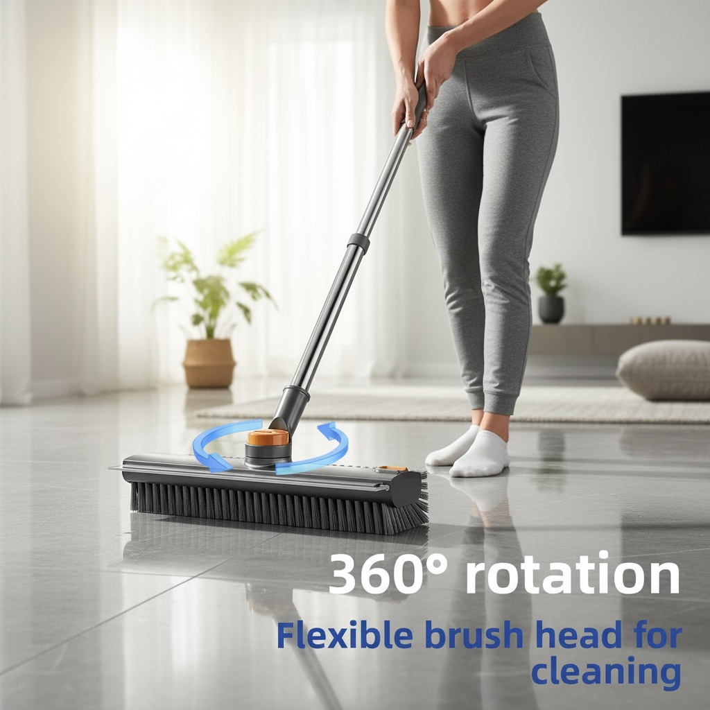Long Handle Floor Scrub Brush with Scraper – Hard Bristle Tile & Grout Cleaning Brush