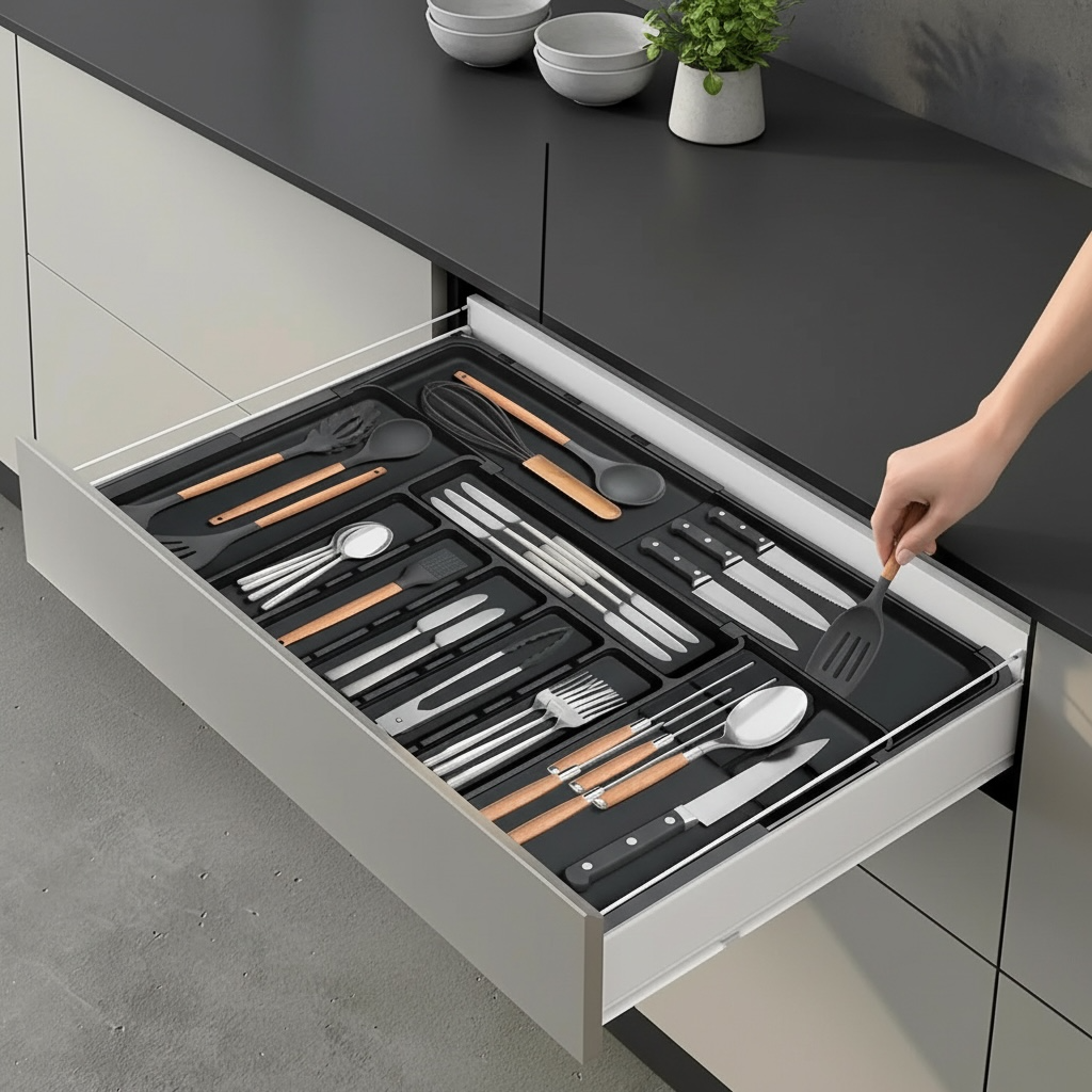 Kitchen Drawer Utensil Organizer | PP Plastic Cutlery Tray with Compartments