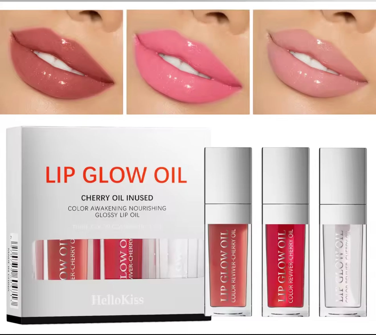 Hydrating Lip Glow Oil Set - Cherry, Pink & Clear Gloss
