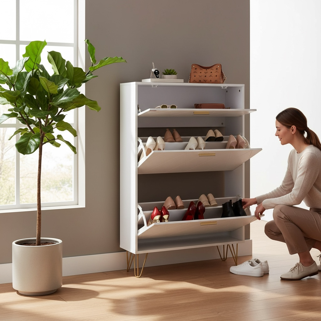 3-Tier Shoe Cabinet – Slim Flip Drawer Storage