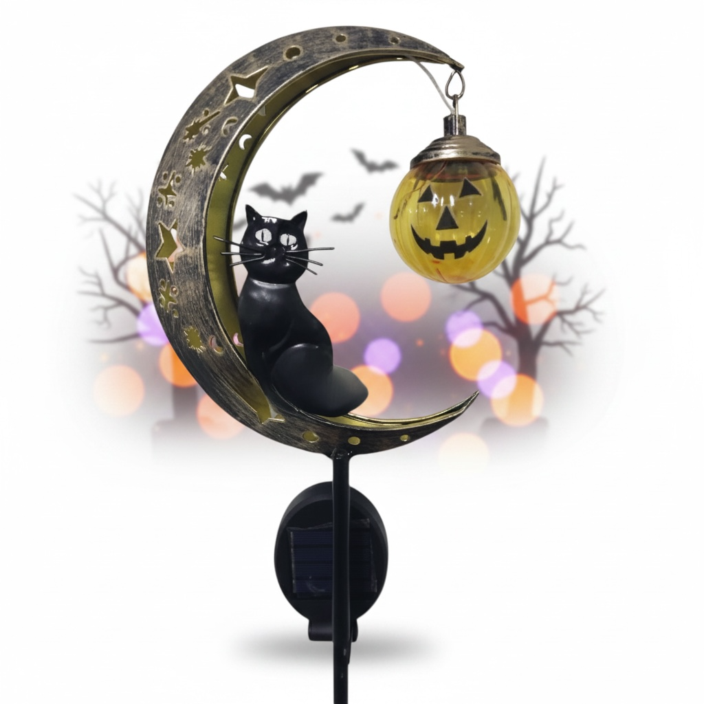 Halloween Metal Ground Lamp – Spooky Black Cat, Pumpkin & Ghost Outdoor Decor Light