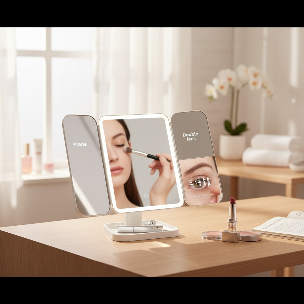 LED Makeup Mirror – Foldable, 3-Color Light, Rechargeable