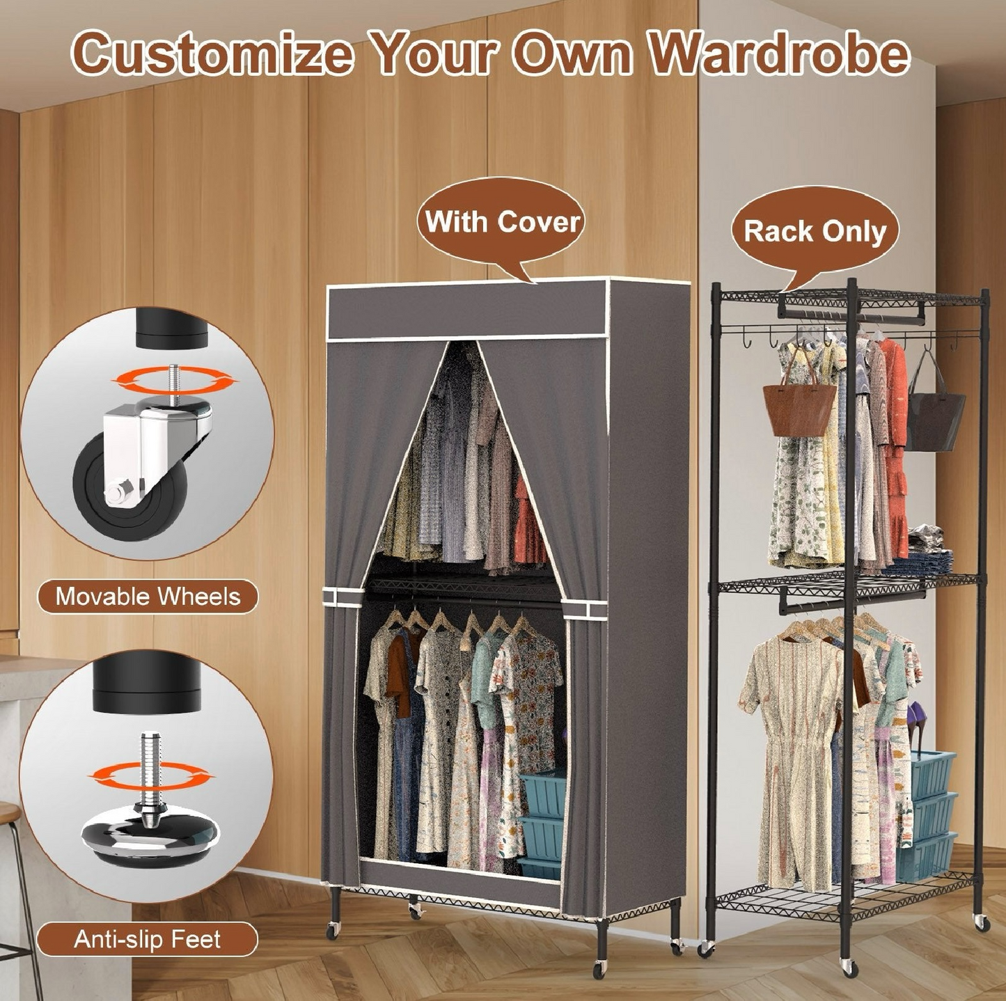 2-Tier Covered Wardrobe Rack with Wheels – Heavy-Duty Portable Clothes Closet Organizer