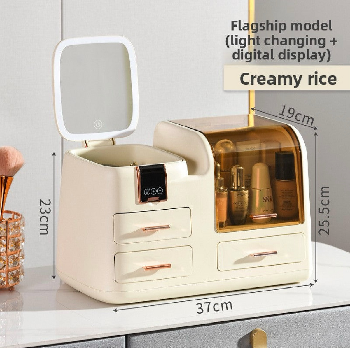 Cosmetic Storage Box with LED Light and Mirror