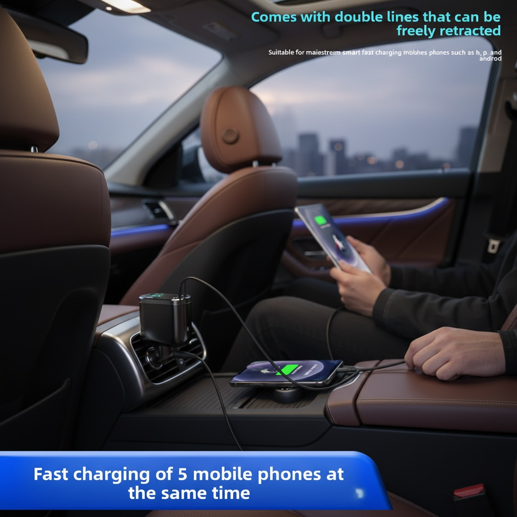 5-in-1 Car Charger with Retractable Cable & LED Display