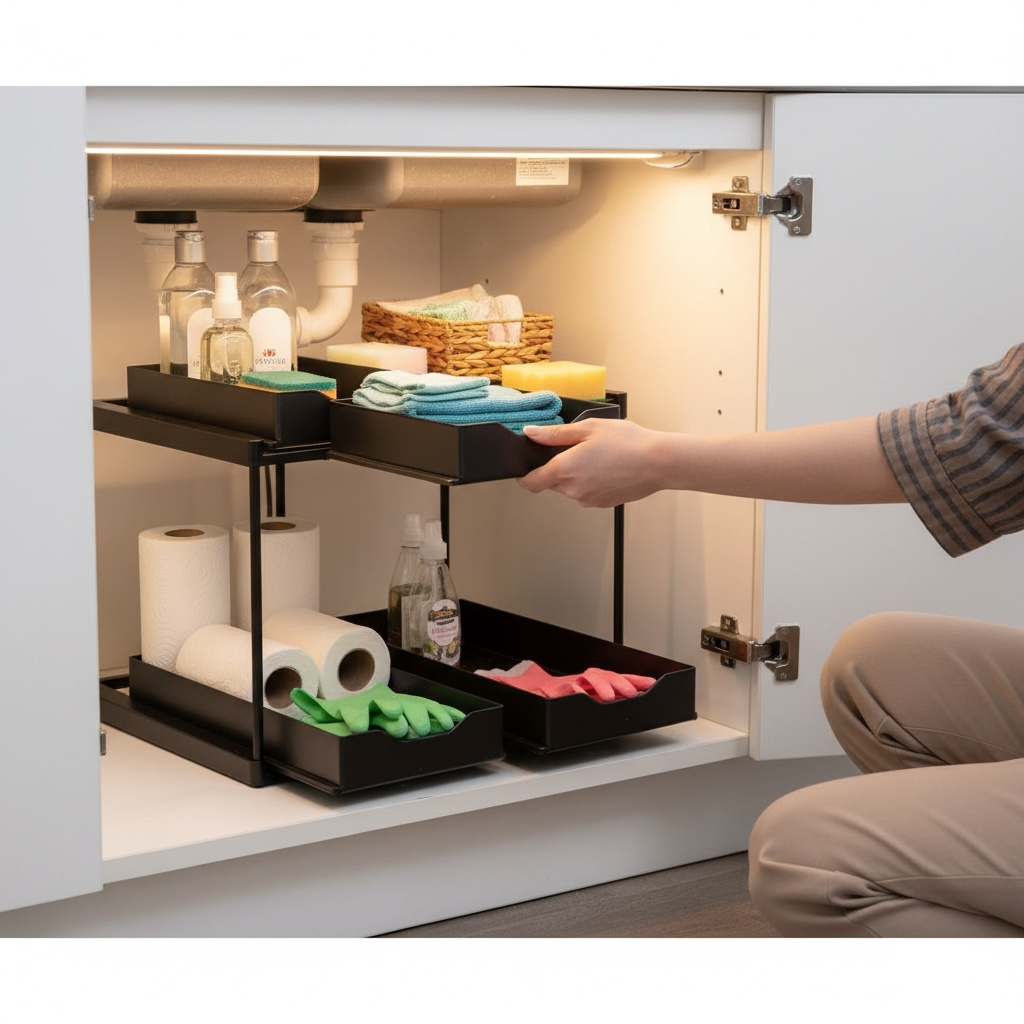 2-Tier Sliding Under-Sink Organizer – Pull-Out Cabinet Rack
