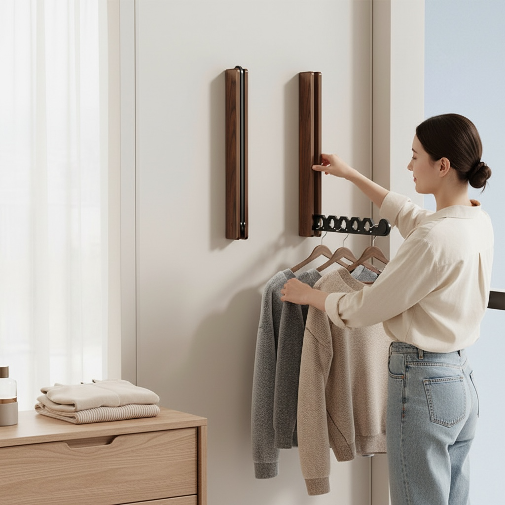 Foldable Wall Mounted Clothes Rack – Solid Wood, No-Drill