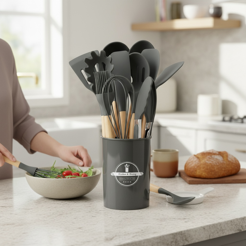 12-Piece Silicone Kitchen Utensil Set with Wooden Handles – Heat-Resistant Non-Stick Cooking Tools