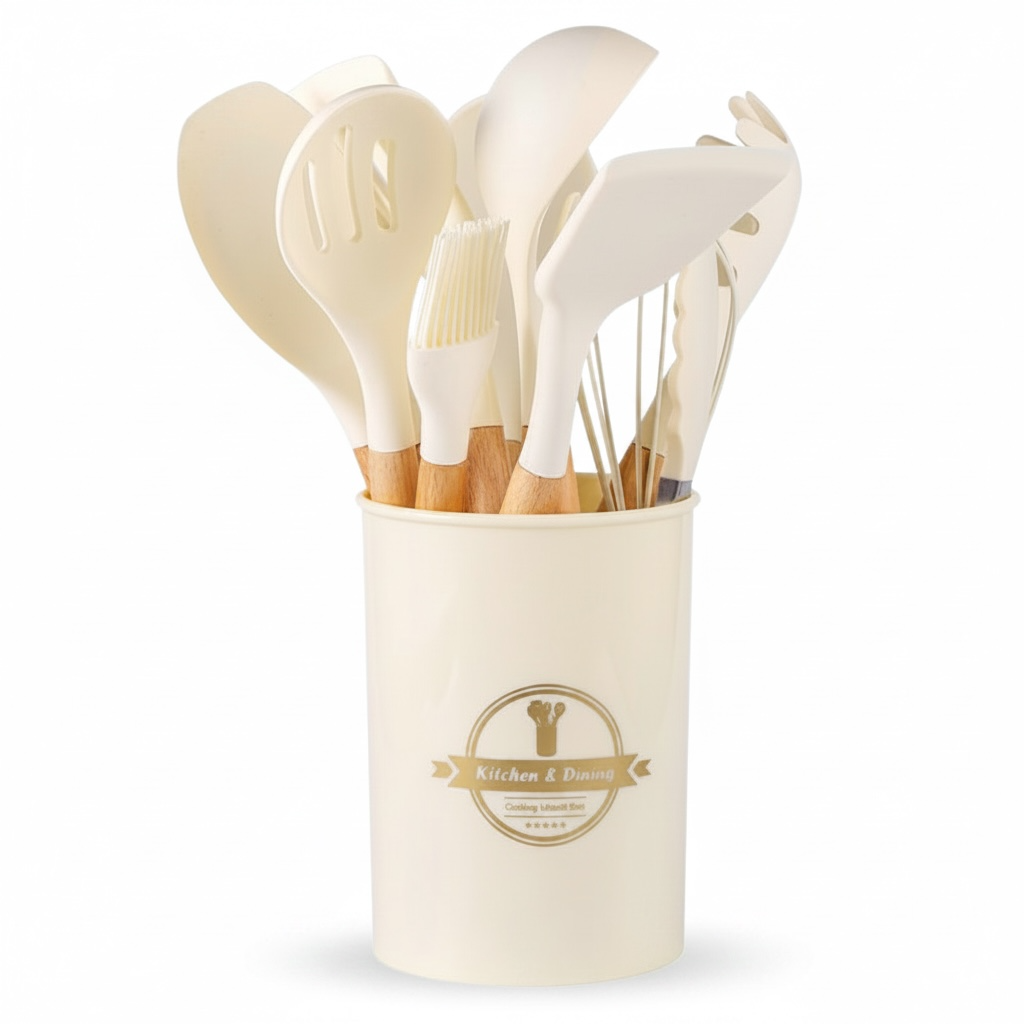 12-Piece Silicone Kitchen Utensil Set with Wooden Handles – Heat-Resistant Non-Stick Cooking Tools