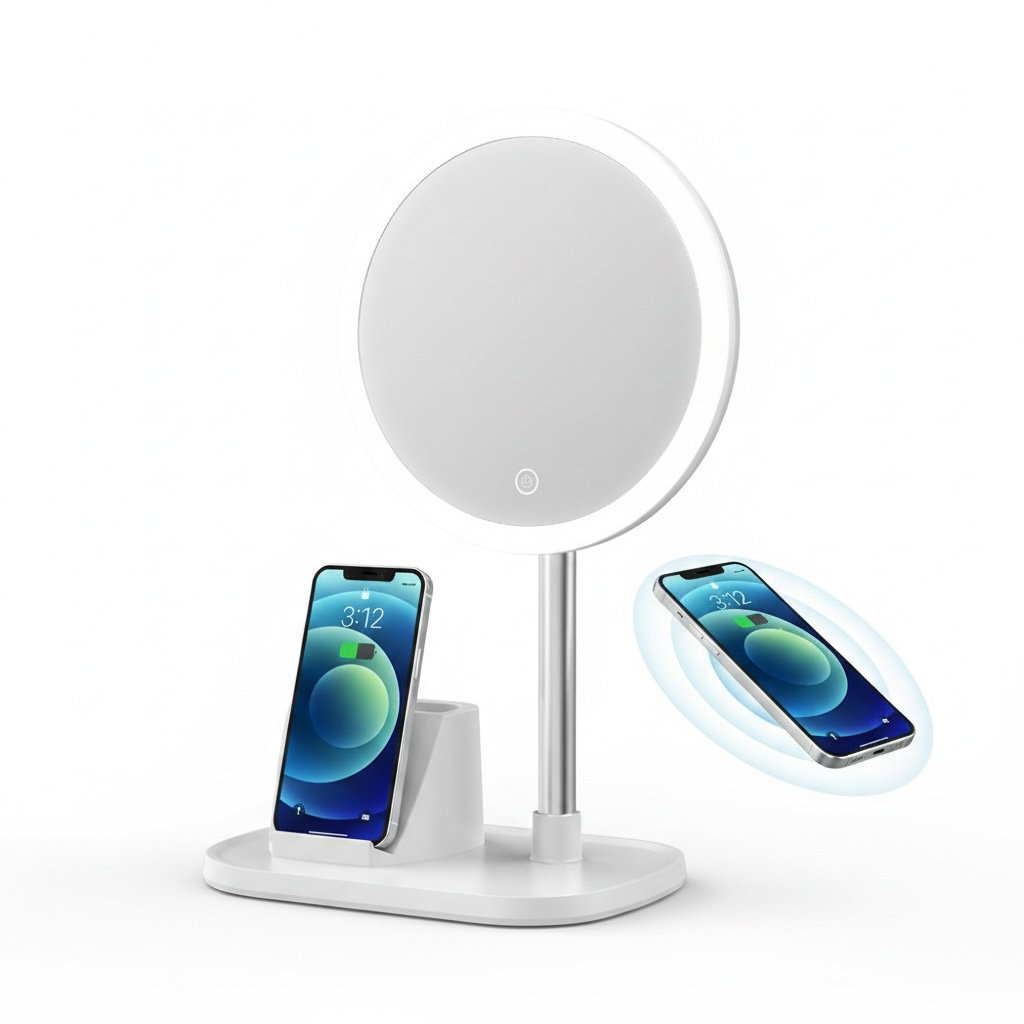 Smart LED Makeup Mirror with Wireless Charging – Adjustable Light & Silver Mirror