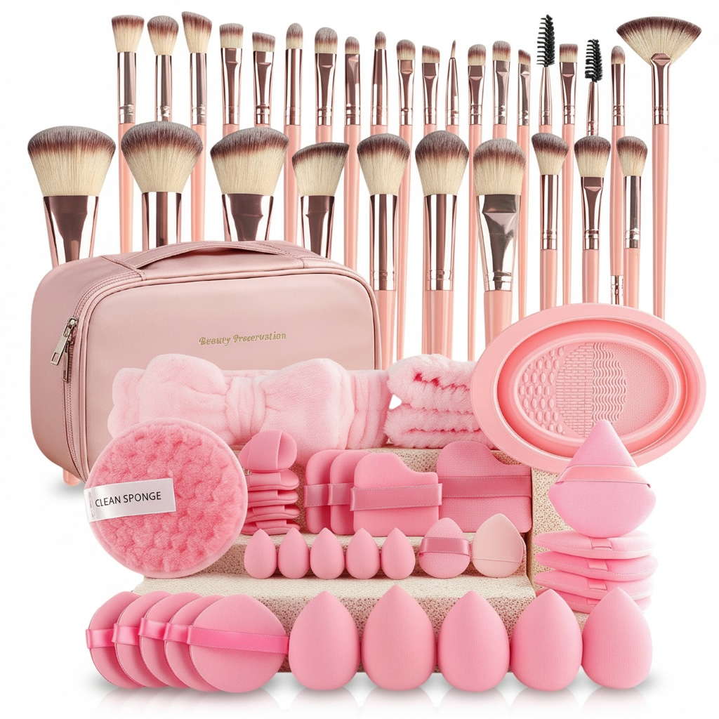 67-Piece Professional Makeup Brush & Puff Set – 30 Brushes, 37 Sponges with Cosmetic Bag & Brush Roll