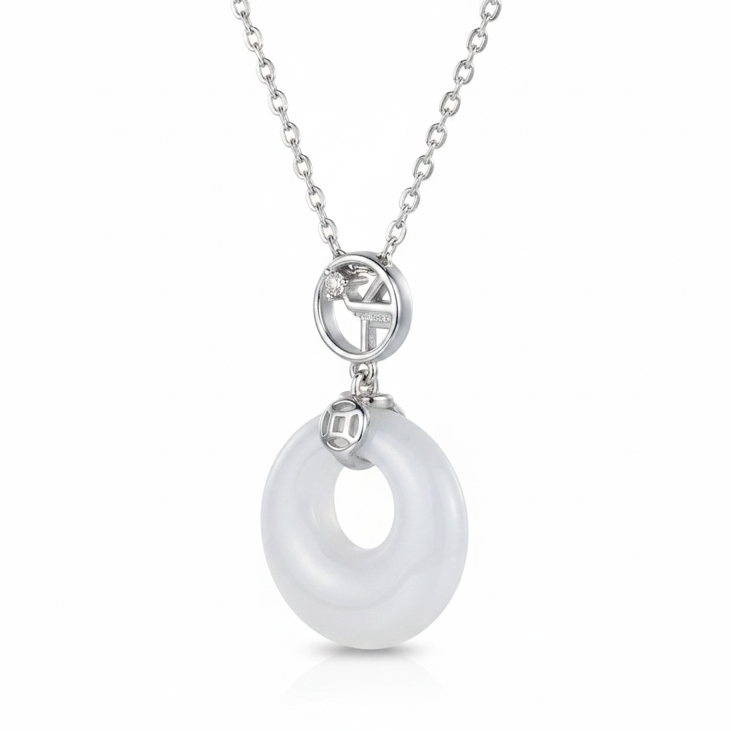 White Jade Ping An Kou Peace Pendant Necklace – Sterling Silver Ancient Coin Bail