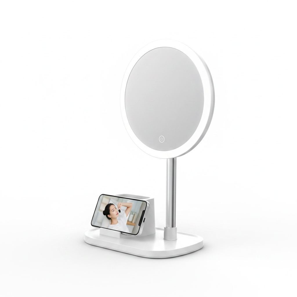 Smart LED Makeup Mirror with Wireless Charging – Adjustable Light & Silver Mirror