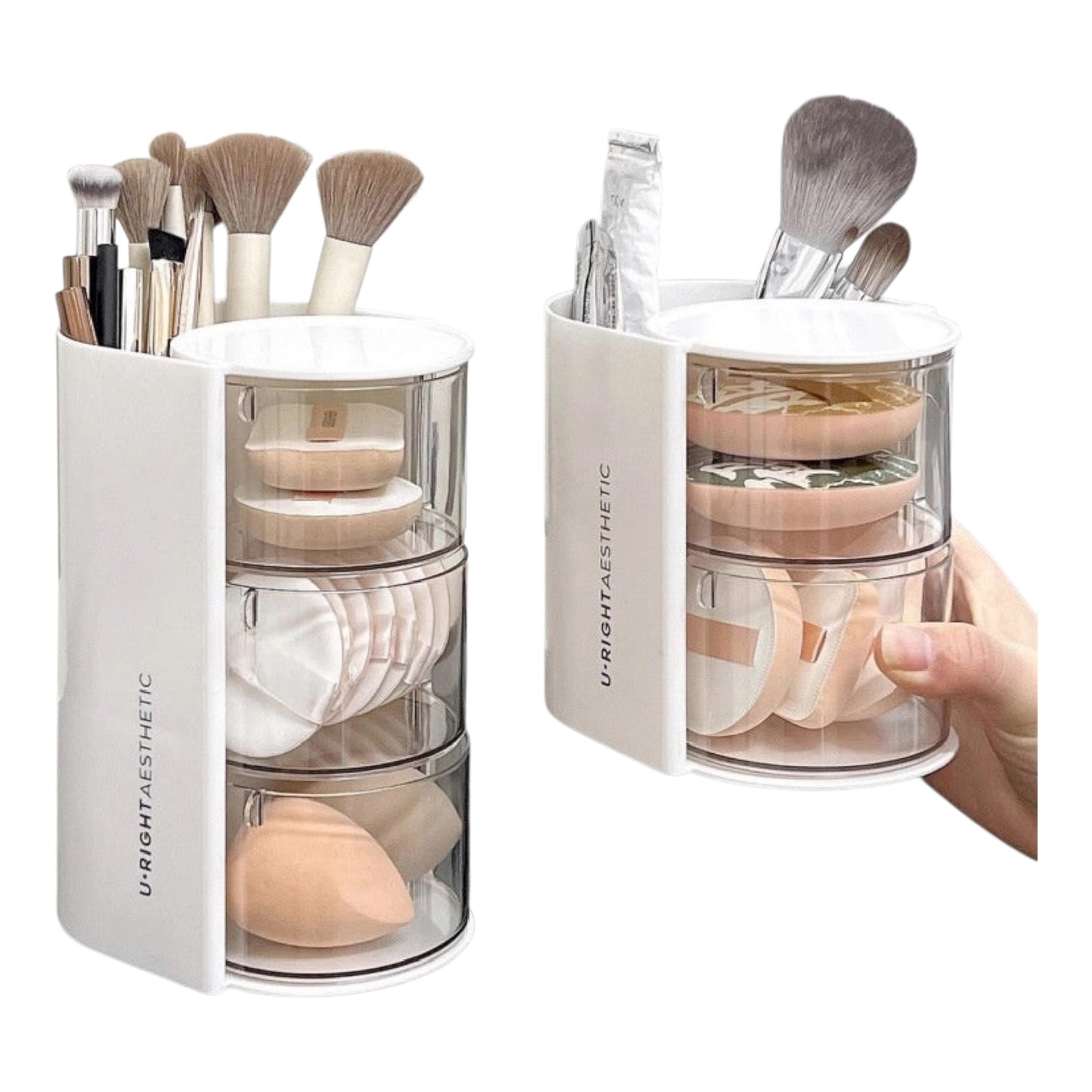Rotating Makeup Organizer – 360° Brush & Puff Holder, 2-Layer & 3-Layer