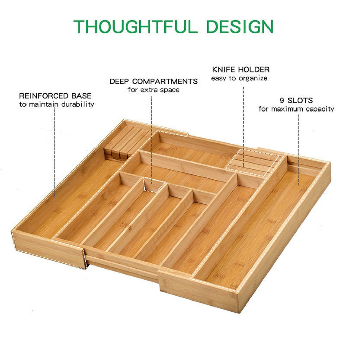 Expandable Bamboo Cutlery Drawer Organizer | Adjustable Utensil Tray 8 Compartments