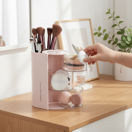 Rotating Makeup Organizer – 360° Brush & Puff Holder, 2-Layer & 3-Layer