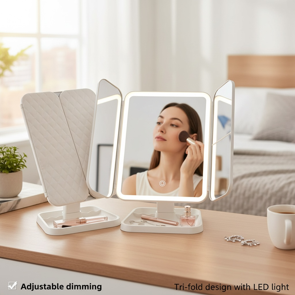 LED Makeup Mirror – Foldable, 3-Color Light, Rechargeable