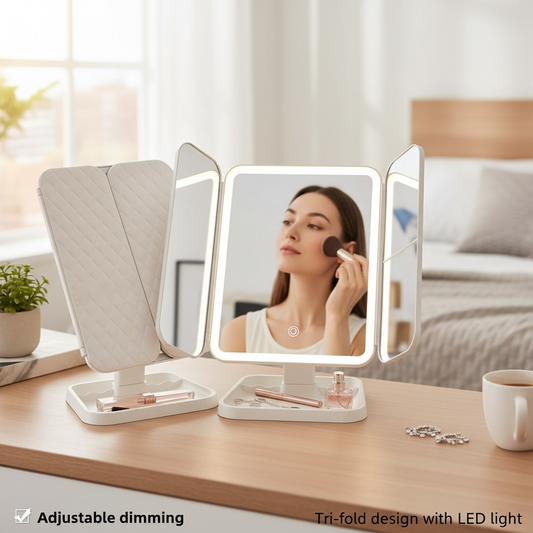 LED Makeup Mirror – Foldable, 3-Color Light, Rechargeable
