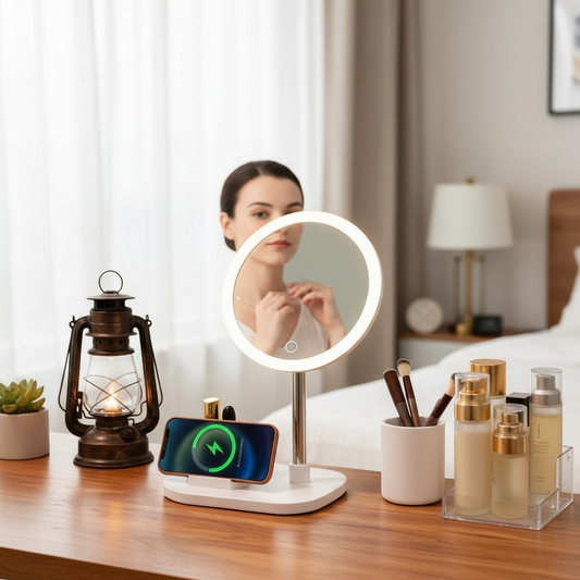 Smart LED Makeup Mirror with Wireless Charging – Adjustable Light & Silver Mirror