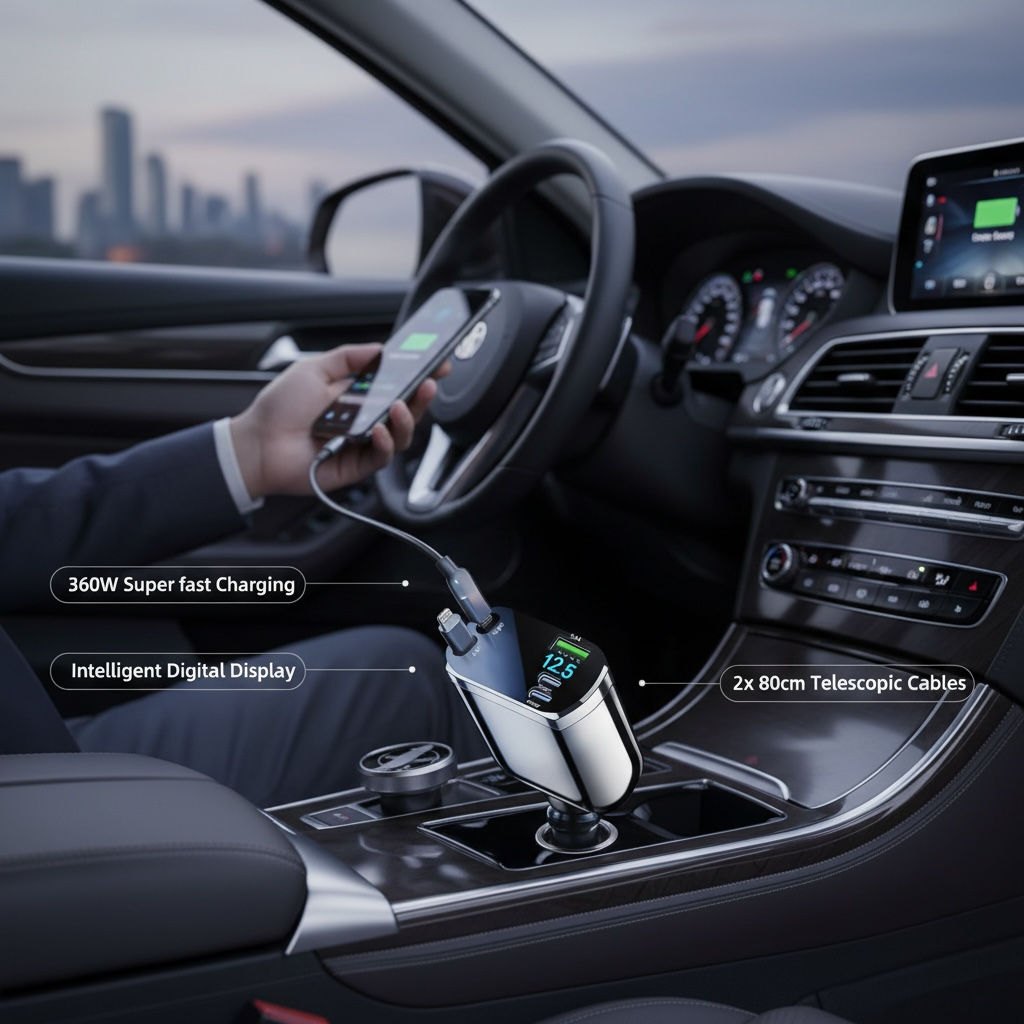 5-in-1 Car Charger with Retractable Cable & LED Display