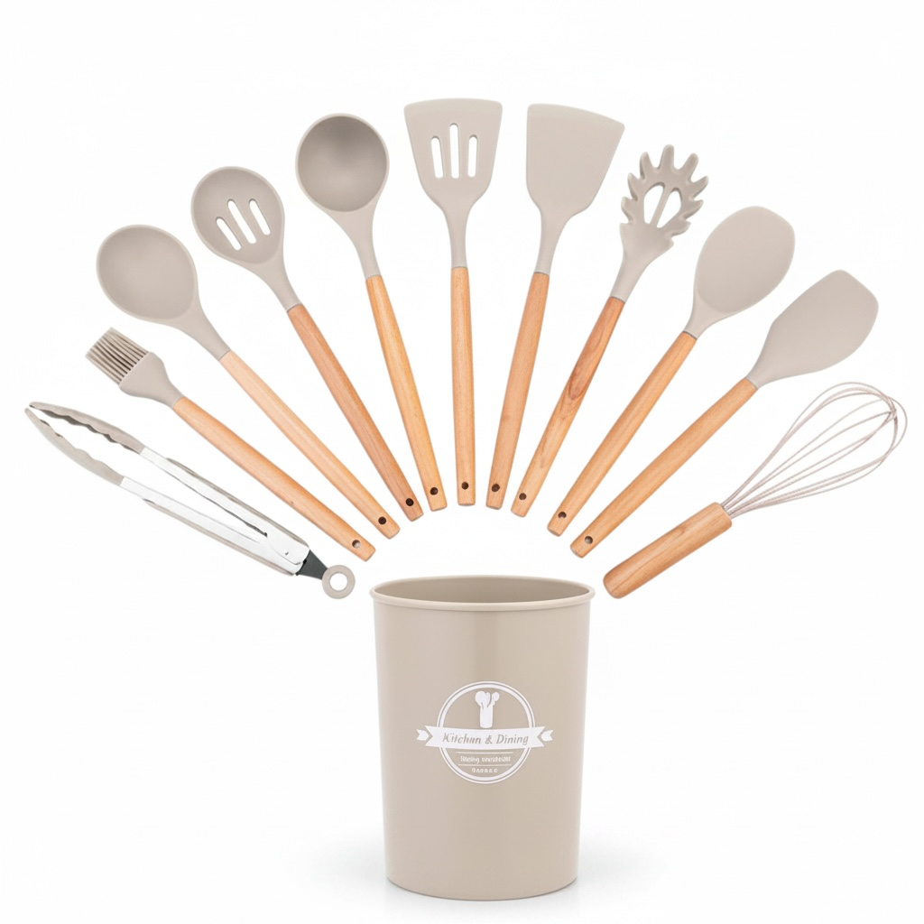 12-Piece Silicone Kitchen Utensil Set with Wooden Handles – Heat-Resistant Non-Stick Cooking Tools