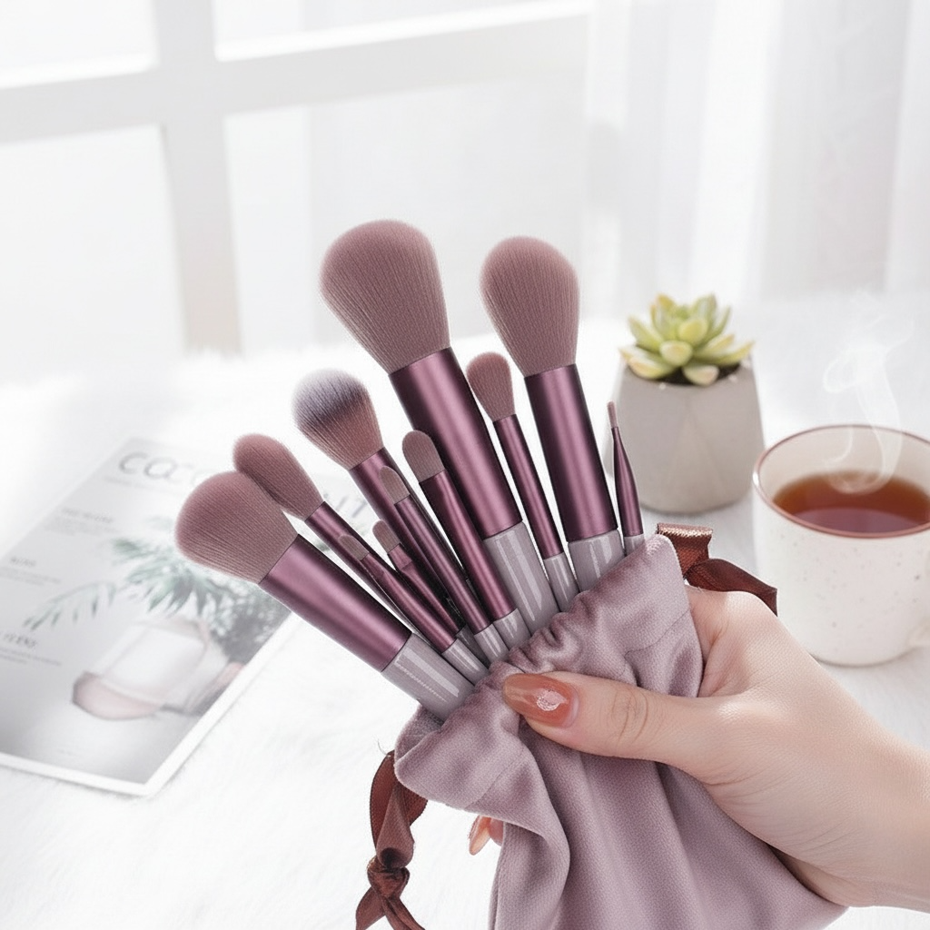 13-Piece Makeup Brush Set with Velvet Bag – Soft Synthetic Bristles