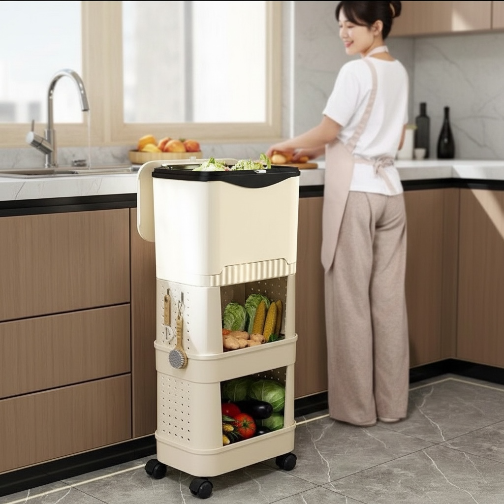 12L Multi-Layer Kitchen Trash Can – Push-Open Square Bin with Wheels