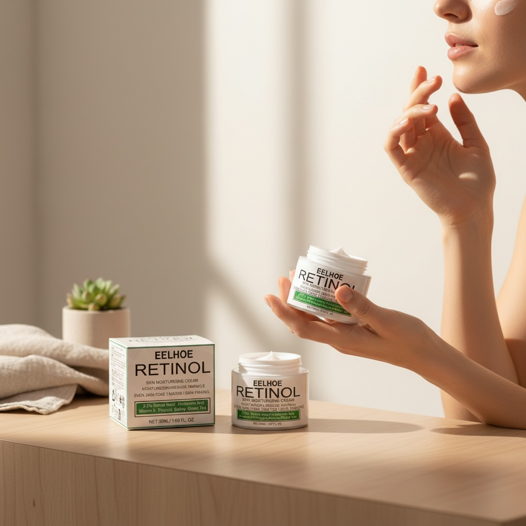 Brightening cream tube on bathroom shelf with skincare lineup
