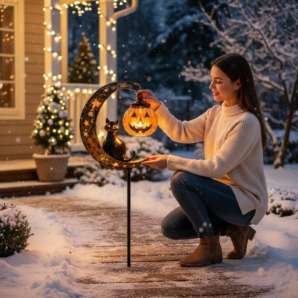 Halloween Metal Ground Lamp – Spooky Black Cat, Pumpkin & Ghost Outdoor Decor Light