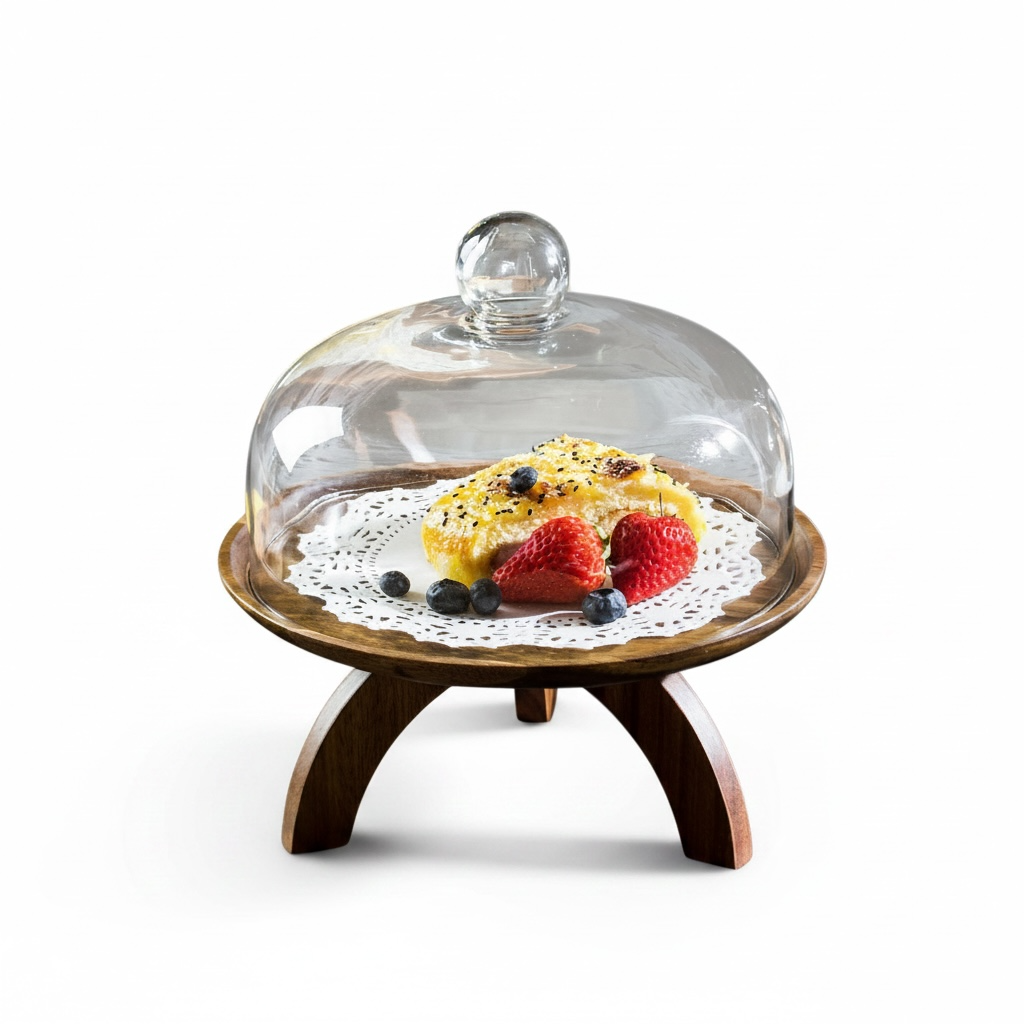 Acacia Wood Cake Pan with Glass Lid – Round Serving & Baking Dish in Multiple Sizes
