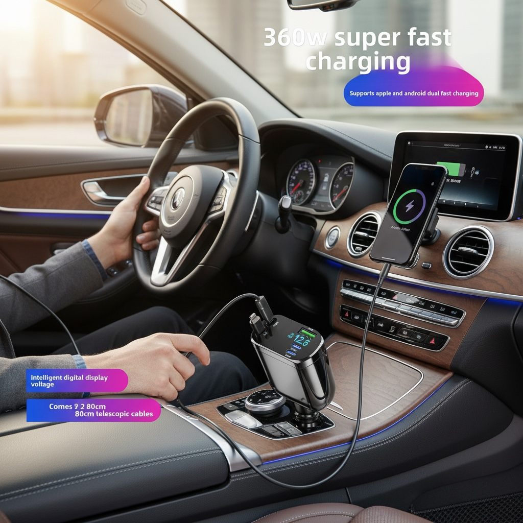 5-in-1 Car Charger with Retractable Cable & LED Display