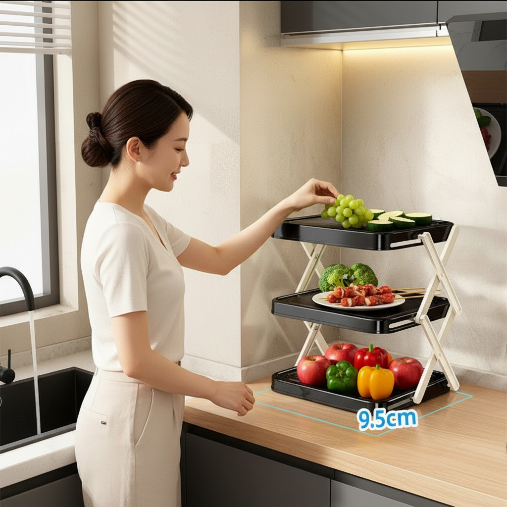 Foldable 3-Tier Kitchen Counter Rack – Space-Saving Fruit, Vegetable & Dish Organizer
